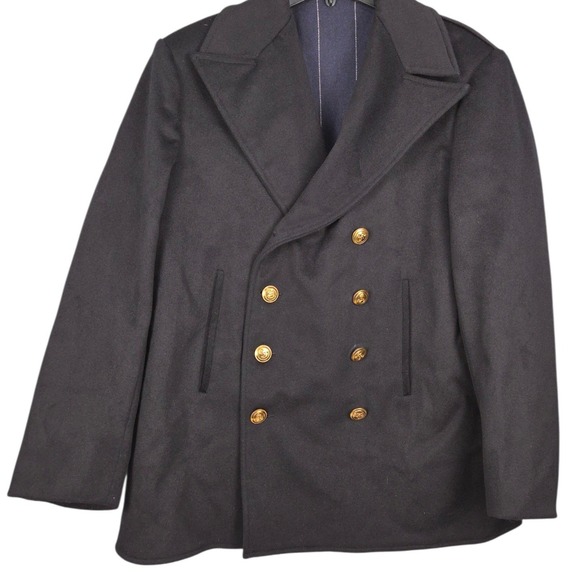 VTG Navy Peacoat Mens 46R XL Dark Blue Wool Double Breasted Gold Anchor Buttons